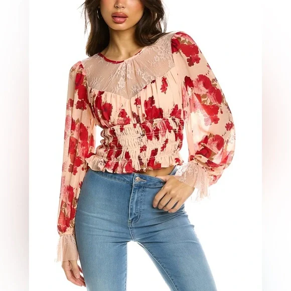 NEW✨🛍️ Free People Daphne Abstract Floral Blouse with Ruching in Pink - Picture 1 of 9